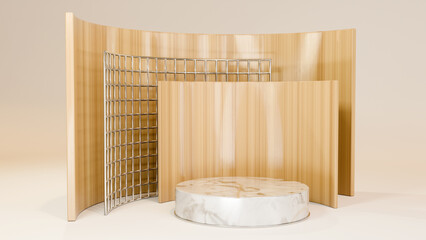 Elegant 3D white round marble pedestal with subtle chrome. In background rouded wood wall and chrome grid.
