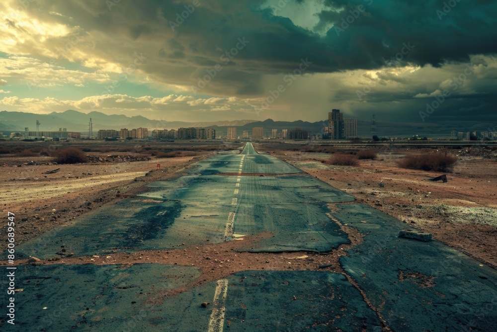 Canvas Prints An empty road in the middle of a desert with cacti and sand dunes