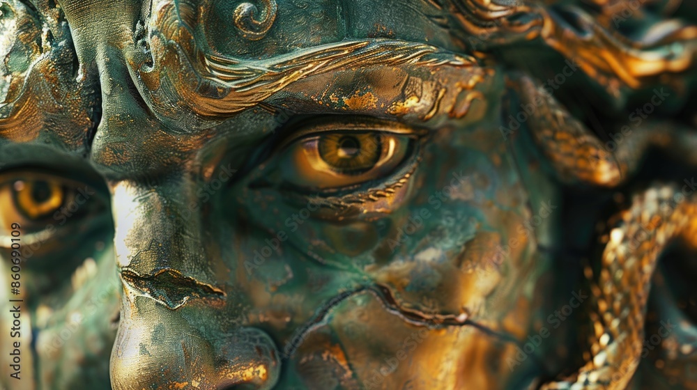 Poster close-up shot of a statue depicting a man's face, ideal for use in historical or artistic contexts