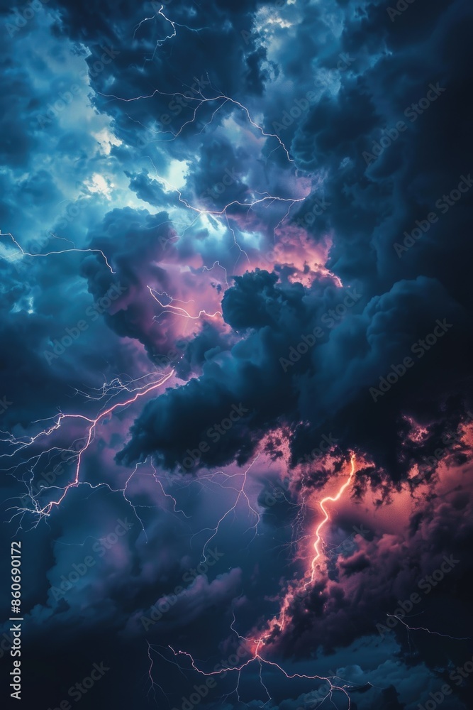 Poster clouds lit up by powerful lightning bolts during a thunderstorm