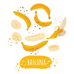 A set of banana slices with the inscription banana. Fresh, juicy and tasty fruit. Vector illustration of organic fruit. Eco-label for natural banana flavor. Juice, smoothie design.