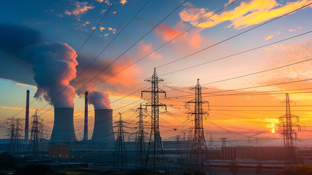 Sunset over a power plant with cooling towers emitting smoke, framed by high-voltage power lines. Energy infrastructure at dusk, highlighting the power plant, cooling towers, and transmission lines.