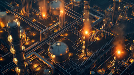 Nighttime industrial refinery scene, featuring illuminated towers, pipes, and complex structures.