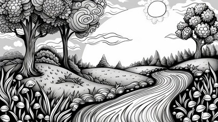 Black and white surreal landscape with river, plants and trees.