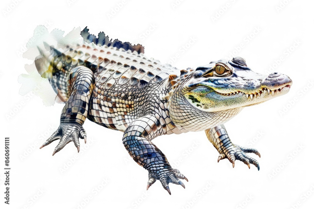 Poster close-up image of a small alligator on a plain white surface
