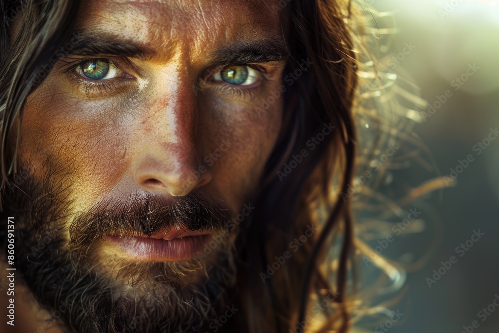 Aufkleber A close-up view of a man's face with long hair and a beard, ideal for use in editorial or creative contexts