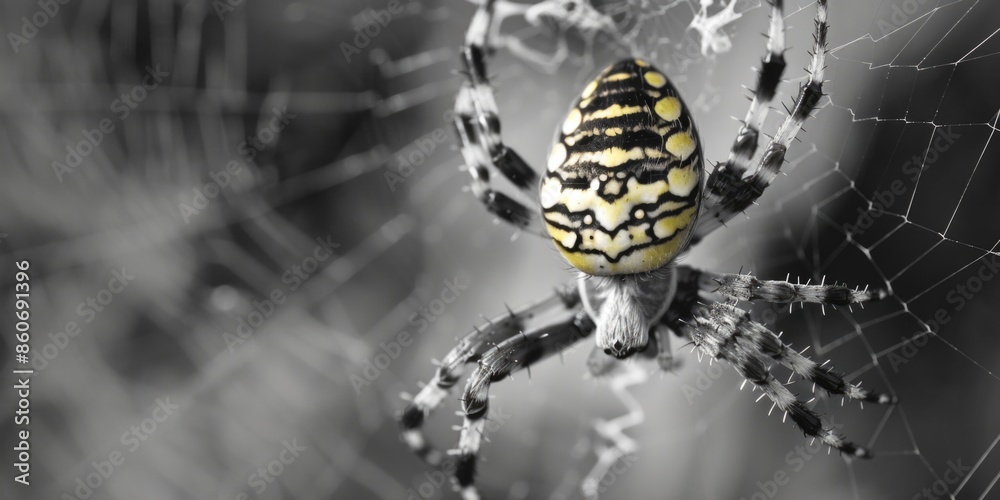 Poster a close-up view of a spider sitting on its web