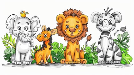 Fototapeta premium Cute cartoon animals. Elephant, lion, giraffe and zebra. Illustration.