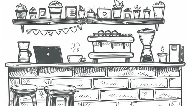 Coffee shop interior. Hand drawn illustration of a cozy coffee shop.
