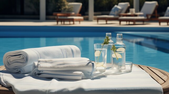 Luxurious poolside lounging with towels and clear water