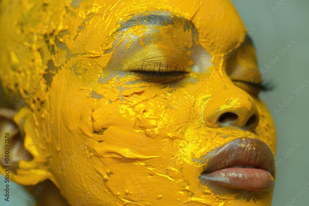 Poster a close-up view of someone's face with yellow paint applied, ideal for creative projects or artistic