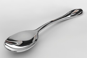 A single silver spoon with a handle lying on a plain white surface