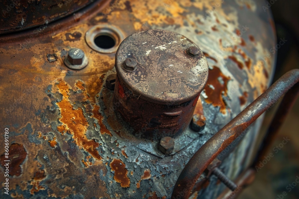 Poster Old, abandoned gas can with rusty cap and lid