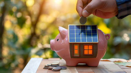 A man's hand puts a coin into a piggy bank shaped like a house with solar panels on the roof...Highlighting the financial benefits of investing in solar energy for sustainable savings