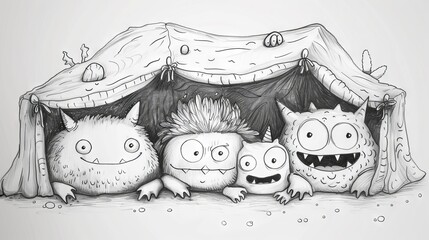 Obraz premium Four cute monsters under blanket
