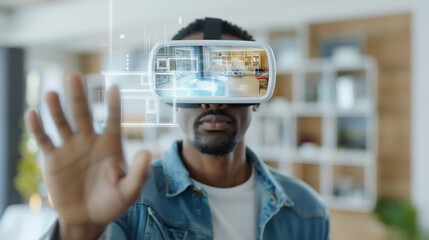 A man wearing VR glasses interacts with a virtual interface displaying a room layout. Advanced technology allows for immersive virtual home tours and design