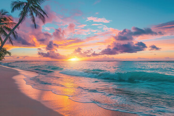 Vibrant tropical beach sunset with gentle waves and palm trees