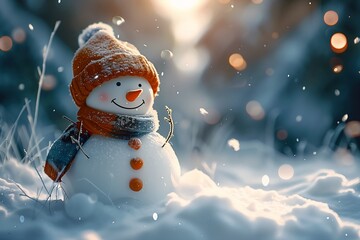 snowman standing snow dynamic background smiling warmly red cheeks yellow color eyes header small hat macro mouth morph