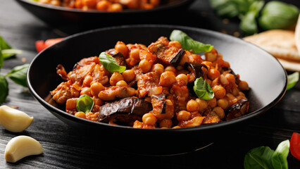 Eggplant and Chickpea Stew in tomato sauce, garlic, spices and pita bread. Healthy food