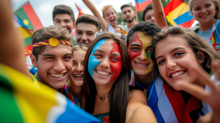 A group of friends taking a selfie at an international festival, with faces painted and flags in the background...Joyful young people celebrating diversity and unity at a vibrant multicultural event.