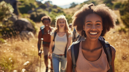A group of happy young friends hiking together in a beautiful scenic landscape on a sunny day...Smiling faces and backpacks highlight a fun and adventurous outdoor activity with friends.