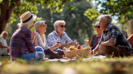 A group of elderly friends laughing together in a sunny park, enjoying a picnic...Elderly friends share laughter and drinks at a picnic, highlighting joyful and social outdoor moments