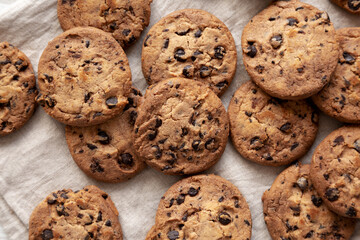 Homemade Gooey Chocolate Chip Cookies, top view. Overhead, flat lay.