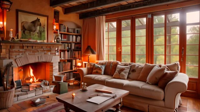 A living room filled with furniture including a plush sofa and a fireplace, Cozy living room with a fireplace and plush sofa