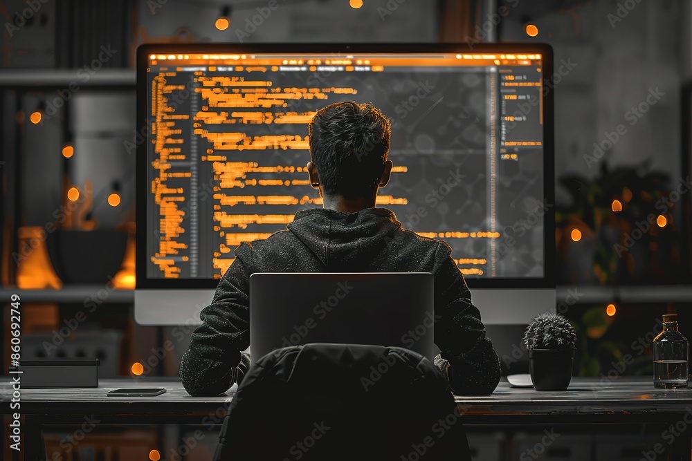 Poster a man is sitting in front of a computer monitor, typing on a keyboard