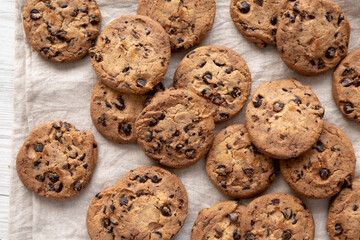 Homemade Gooey Chocolate Chip Cookies, top view. Overhead, flat lay.