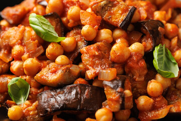 Eggplant and Chickpea Stew in tomato sauce, garlic, spices and pita bread. Healthy food