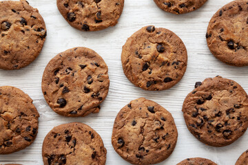 Homemade Gooey Chocolate Chip Cookies, top view. Overhead, flat lay.