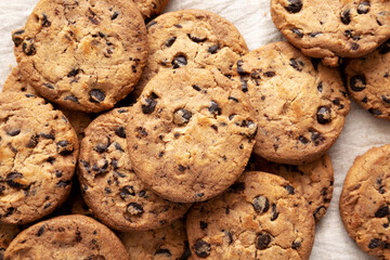 Homemade Gooey Chocolate Chip Cookies, top view. Overhead, flat lay.