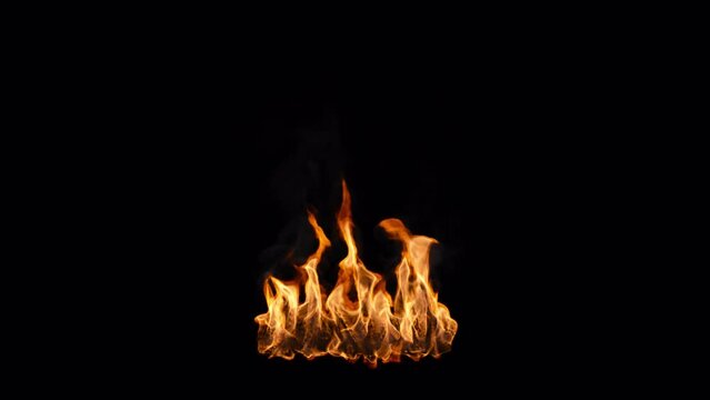 Slow motion patch of burning fiery flames in the center of the frame, 4k 24p with ALPHA CHANNEL for transparent background