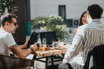 Business entrepreneurs at a modern coffee bar engaged in strategy development for profit growth and business expansion.