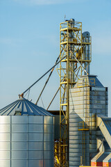 silver silos on agro manufacturing plant for processing drying cleaning and storage of agricultural products, flour, cereals and grain. Large iron barrels of grain. Granary elevator