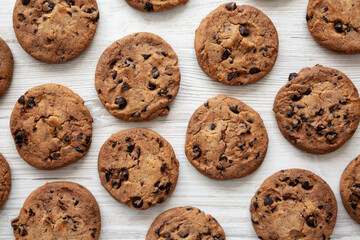 Homemade Gooey Chocolate Chip Cookies, top view. Overhead, flat lay.