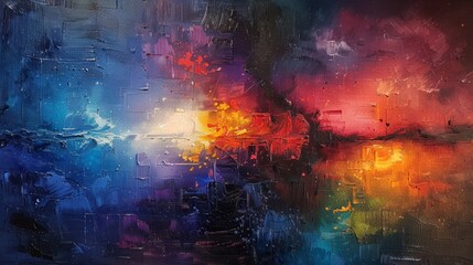 Fototapeta premium Abstract canvas painting with blue, orange, and red hues