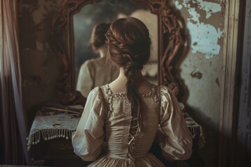Fototapeta premium A woman stands in front of a mirror, admiring her reflection in a white dress