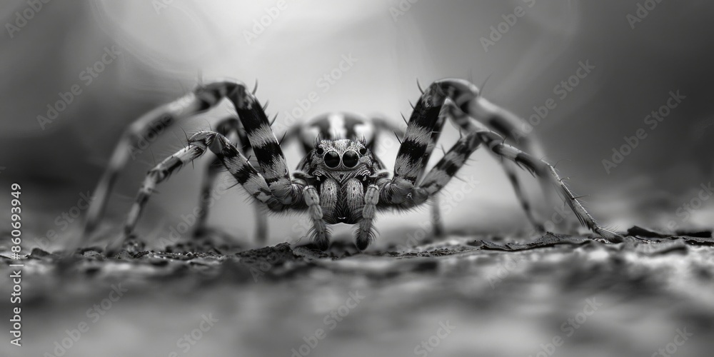 Poster a close-up image of a black spider in monochrome