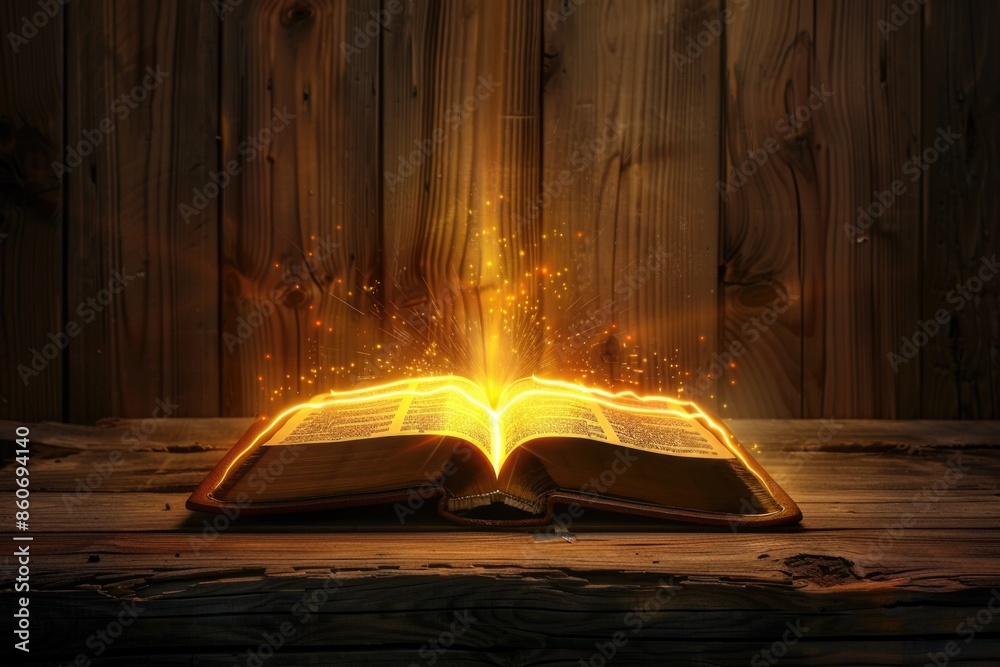 Aufkleber An open book sitting on a wooden table with a warm glow emanating from within