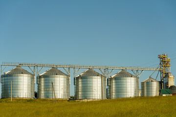 silver silos on agro manufacturing plant for processing drying cleaning and storage of agricultural products, flour, cereals and grain. Large iron barrels of grain. Granary elevator