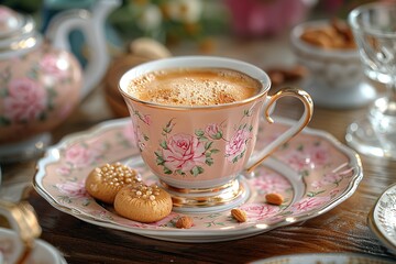 Fototapeta premium A cup of coffee is served on a pink plate with a rose design