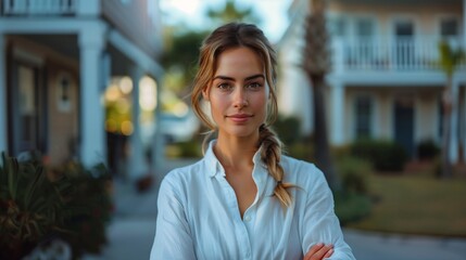 woman standing sidewalk arms crossed outside house young front two story still estate hair tied back business effective altruism protagonist alluring braids straw subtle smile