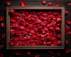 A rustic wooden frame filled with red rose petals, artistically arranged, representing romance and beauty, perfect for enhancing the ambiance of any space.