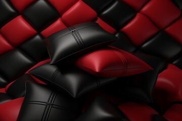 Fototapeta premium Black and red pillows arranged on a quilted background, combining luxurious materials and a cozy vibe, perfect for modern and stylish interiors.
