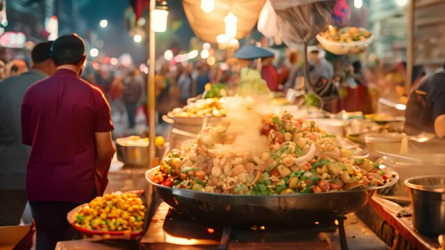 A large bowl overflowing with a variety of delicious food items placed on a table, Craft a whimsical interpretation of a spicy chaat dish served on a bustling street food stall