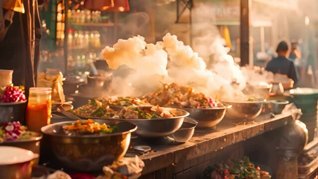 A bustling food stand showcasing a variety of dishes in colorful bowls, Craft a whimsical interpretation of a spicy chaat dish served on a bustling street food stall