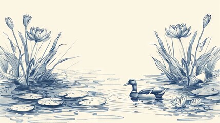 Graceful ducks glide through a tranquil pond adorned with water lilies, evoking a sense of serenity and natural beauty.