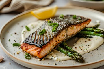 Crispy Pan Seared Salmon Steak With Asparagus and Lemon Butter Cream